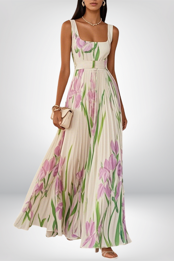 Penelope™ | Rochie lungă din chiffon cu flori plisate