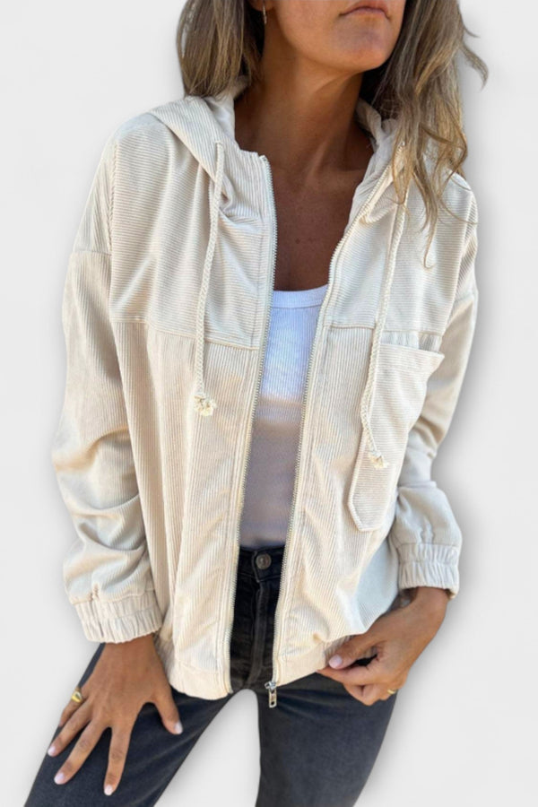 Ella - Jachetă cu glugă și fermoar din catifea côtelée