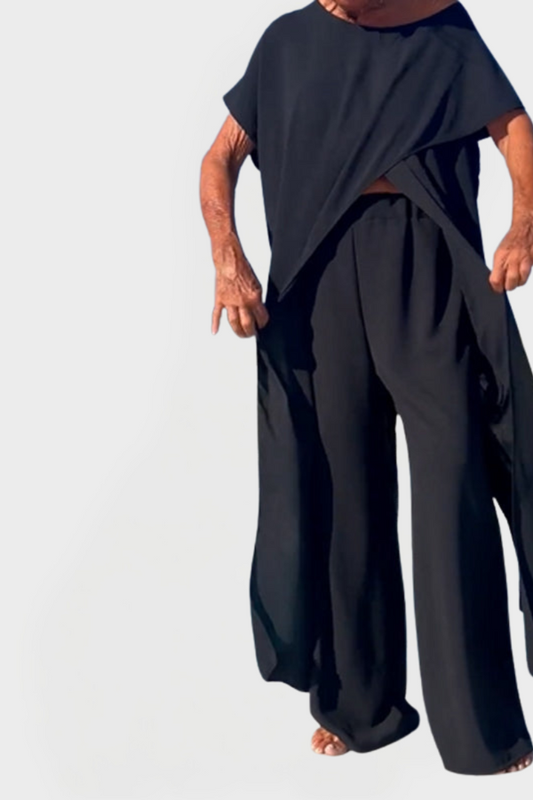 Set cu top și pantaloni în culoare uni cu decolteu