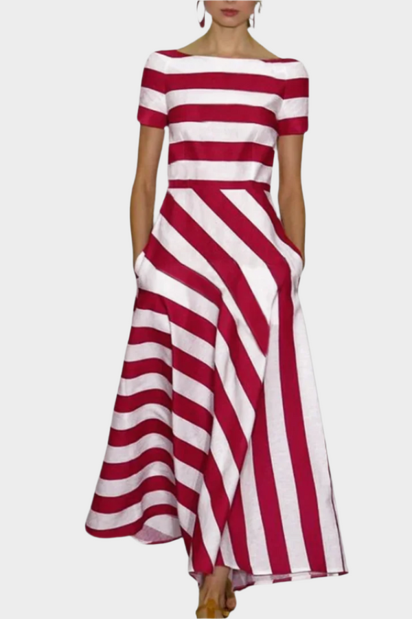 Rochie lungă elegantă cu dungi și mâneci scurte