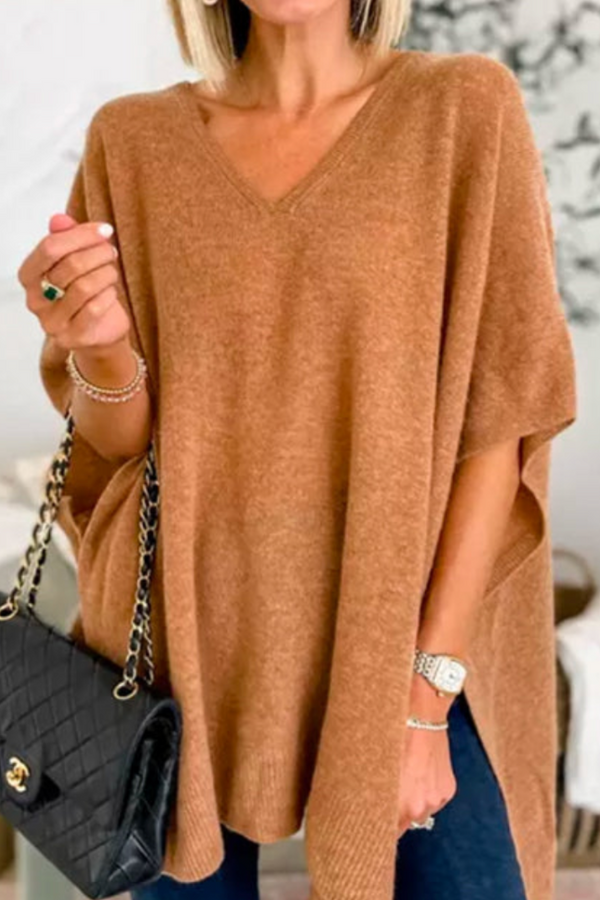 Erica - Pulover poncho lejer cu guler în V, uni