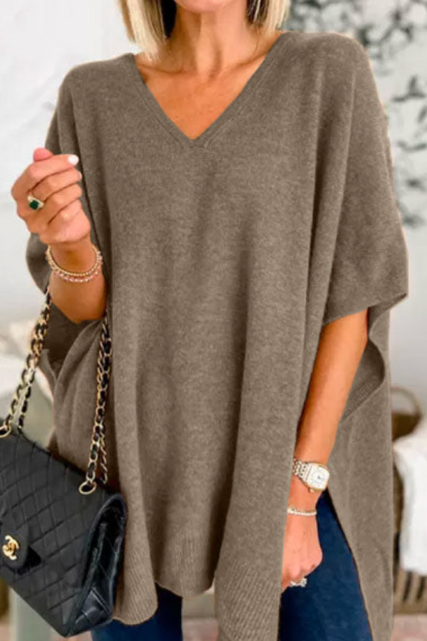 Erica - Pulover poncho lejer cu guler în V, uni