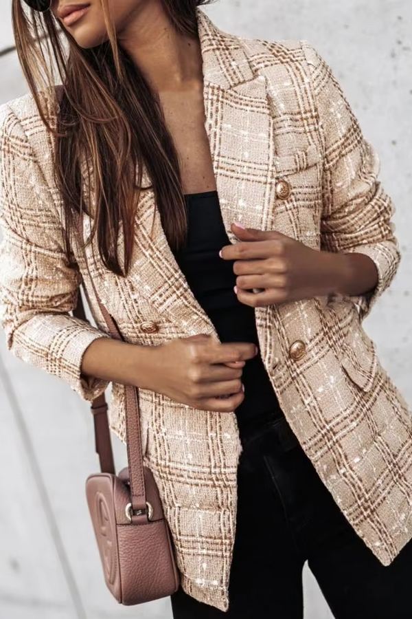 Avery™ - Sacou primăvară cu imprimeu modern în carouri, cu două rânduri de nasturi