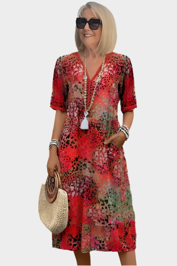 Rochie midi vibrantă cu buzunare