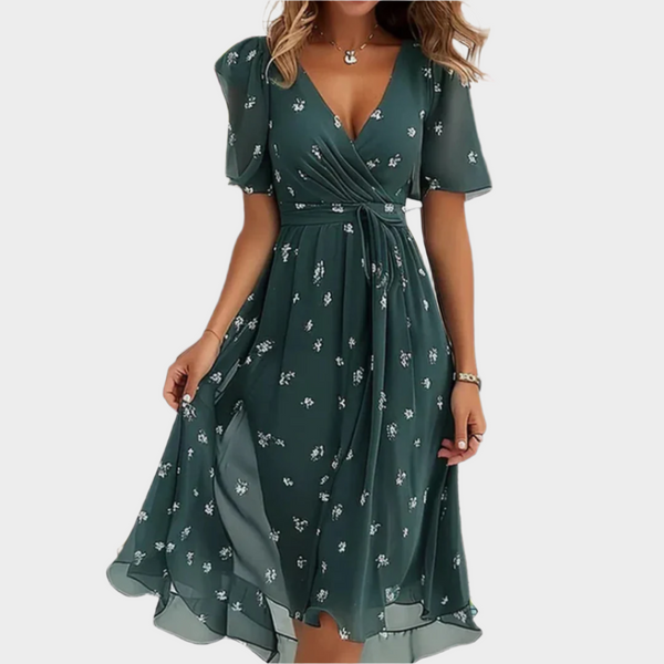 Rochie aerisită cu design floral și decolteu în V