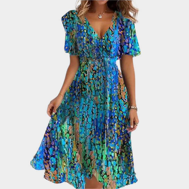 Rochie aerisită cu design floral și decolteu în V