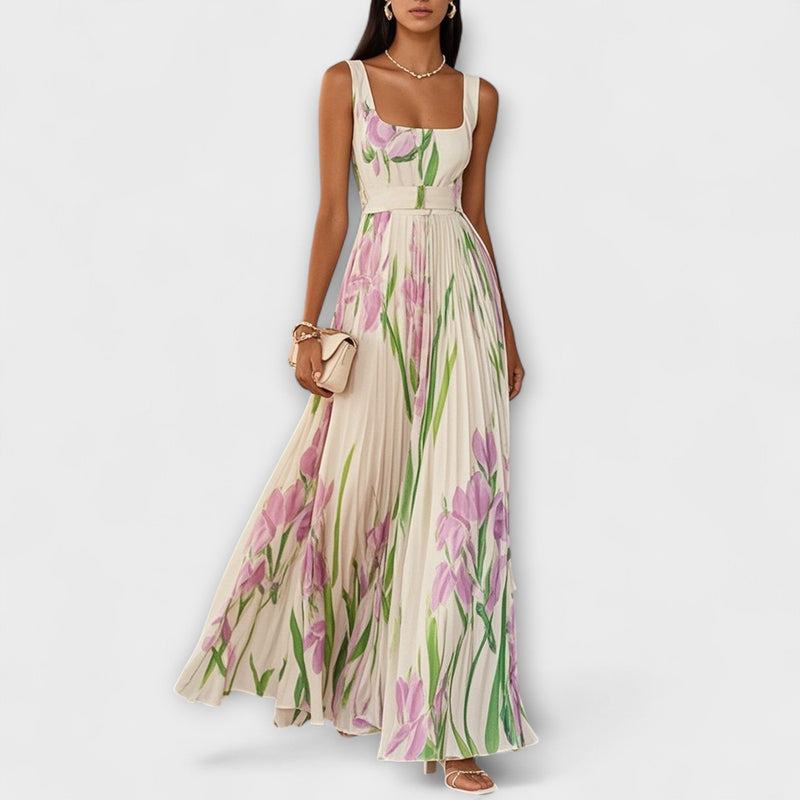 Penelope™ | Rochie lungă din chiffon cu flori plisate