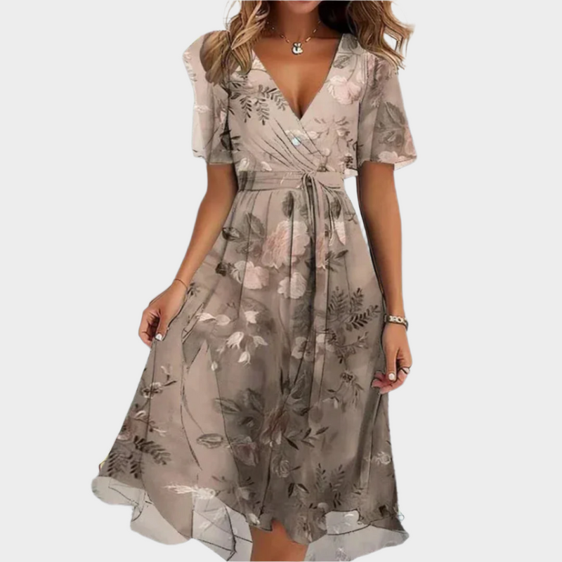 Rochie aerisită cu design floral și decolteu în V