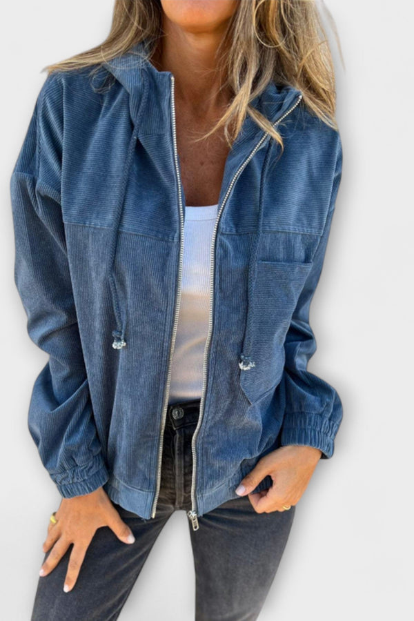 Ella - Jachetă cu glugă și fermoar din catifea côtelée