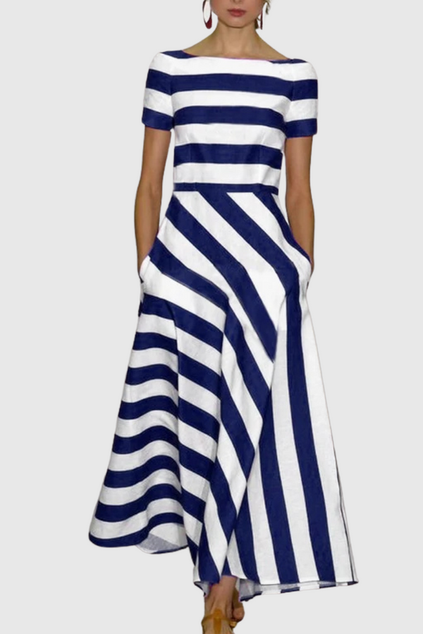 Rochie lungă elegantă cu dungi și mâneci scurte