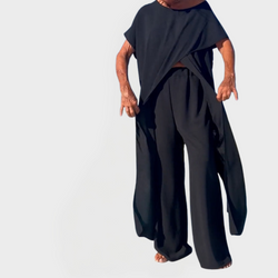 Set cu top și pantaloni în culoare uni cu decolteu