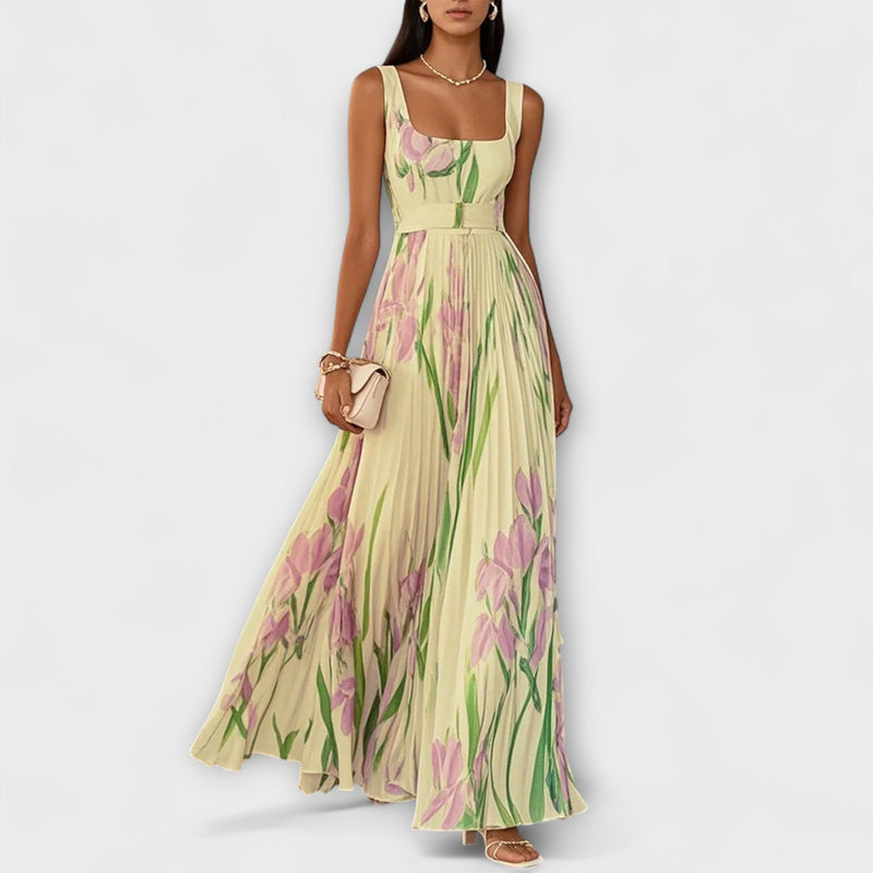 Penelope™ | Rochie lungă din chiffon cu flori plisate