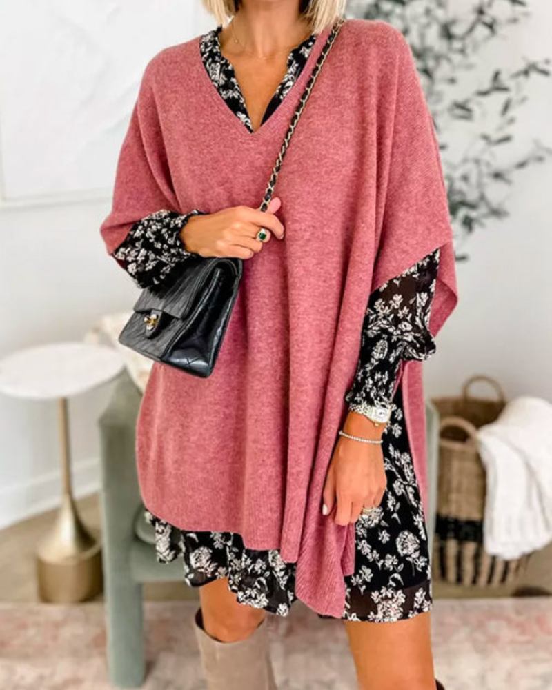 Erica - Pulover poncho lejer cu guler în V, uni