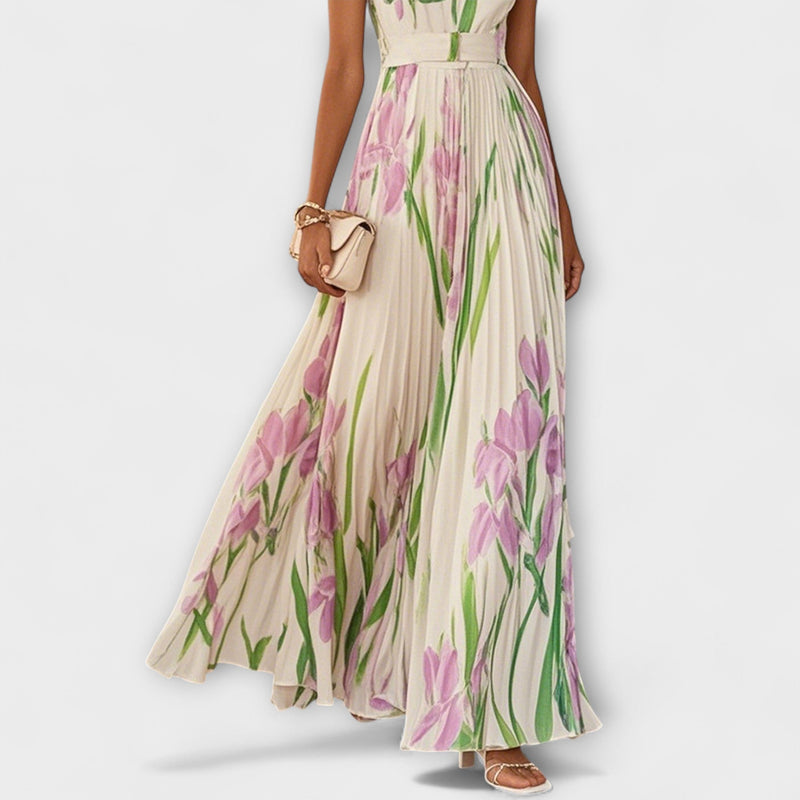 Penelope™ | Rochie lungă din chiffon cu flori plisate