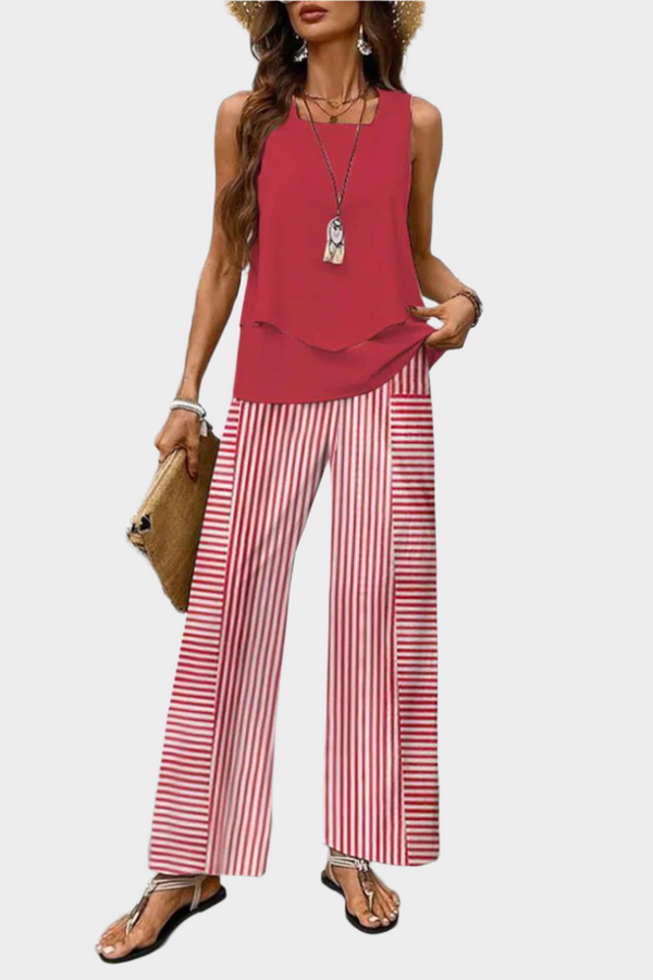 Set de vară cu top fără mâneci și pantaloni cu imprimeu de frunze