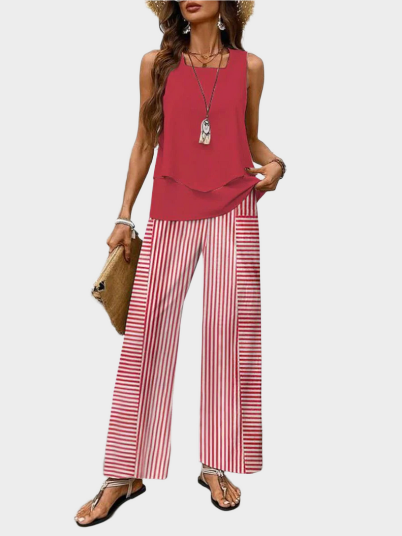 Set de vară cu top fără mâneci și pantaloni cu imprimeu de frunze