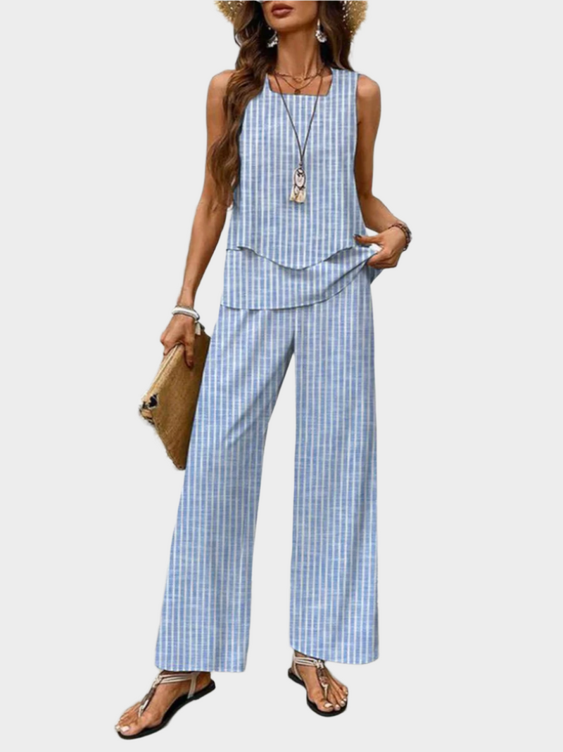 Set de vară cu top fără mâneci și pantaloni cu imprimeu de frunze