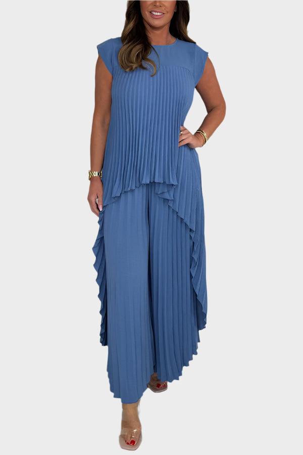 Set cu top plisat cu mâneci scurte și lungime midi neregulată, pantaloni largi cu talie elastică
