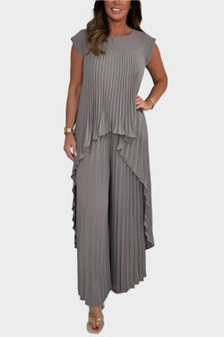 Set cu top plisat cu mâneci scurte și lungime midi neregulată, pantaloni largi cu talie elastică