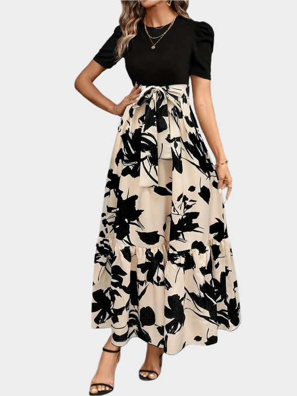 Rochie florală cu talie înaltă și modele în dungi