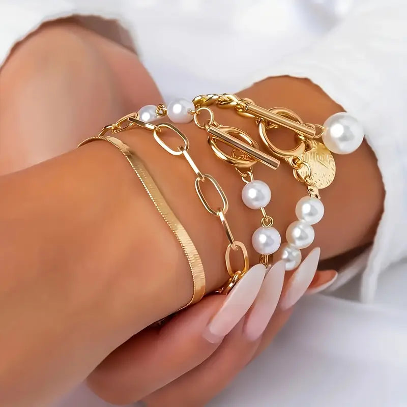 Set de brățări Chic aur 4 piese – Șarpe, perle și zale | Aur
