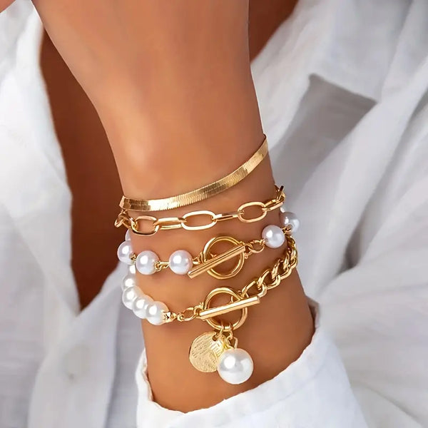 Set de brățări Chic aur 4 piese – Șarpe, perle și zale | Aur