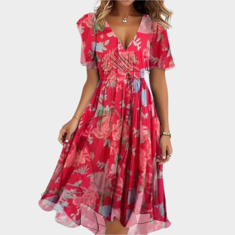 Rochie aerisită cu design floral și decolteu în V