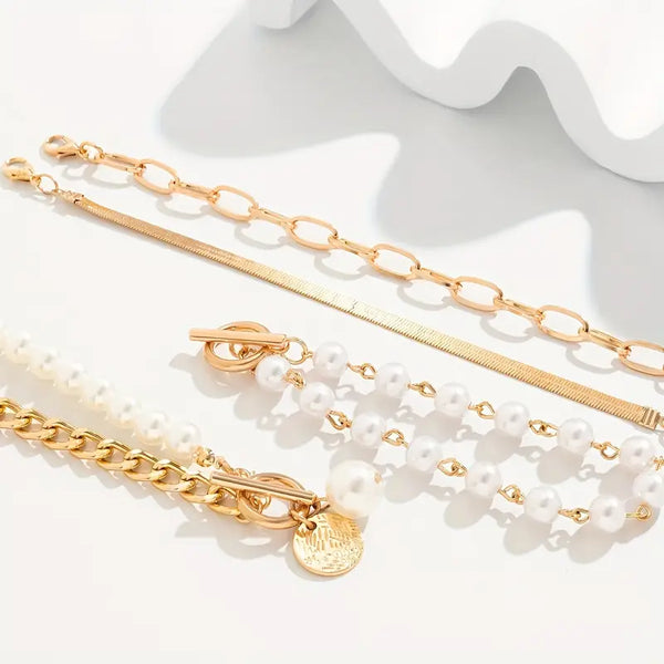 Set de brățări Chic aur 4 piese – Șarpe, perle și zale | Aur