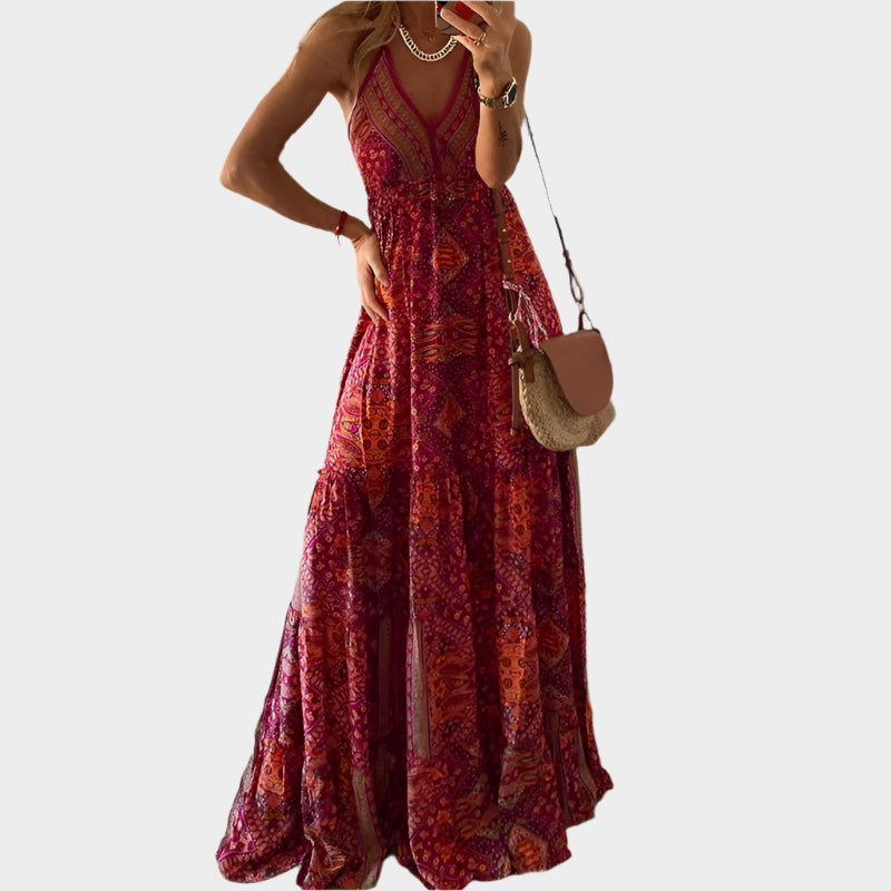 Rochie boho cu bretele subțiri și decolteu în V