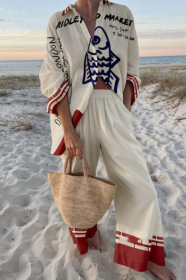 Rounelle™ | Set complet de lenjerie cu imprimeu albastru cu pești