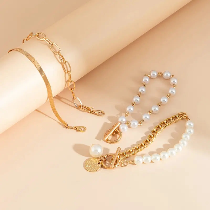 Set de brățări Chic aur 4 piese – Șarpe, perle și zale | Aur