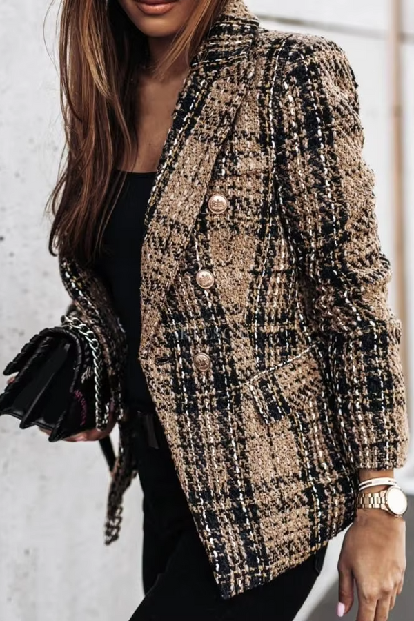 Avery™ - Sacou primăvară cu imprimeu modern în carouri, cu două rânduri de nasturi