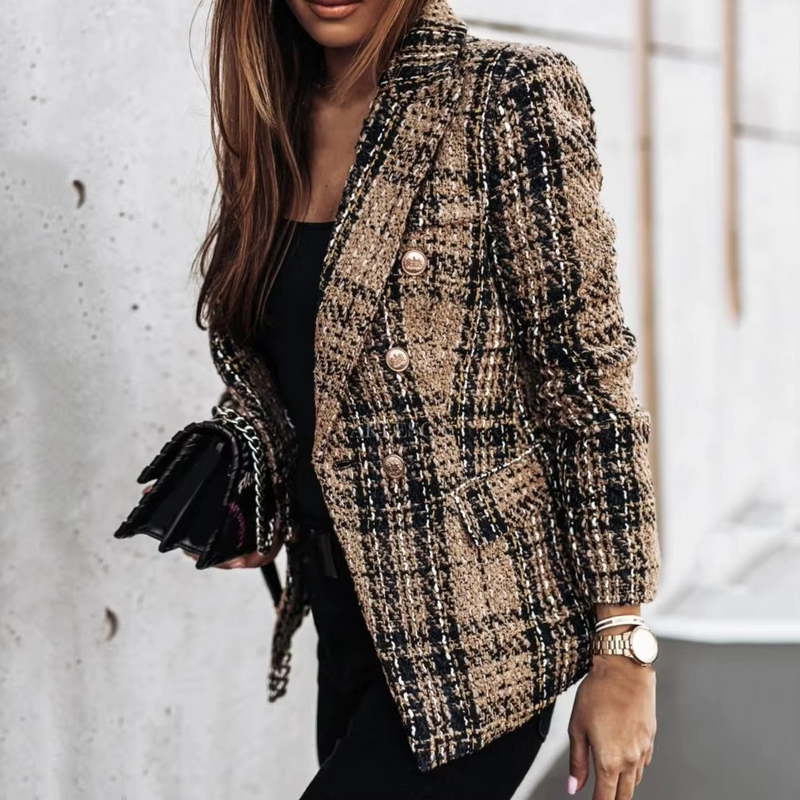 Avery™ - Sacou primăvară cu imprimeu modern în carouri, cu două rânduri de nasturi