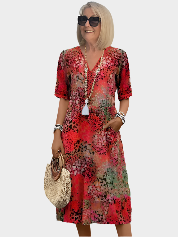 Rochie midi vibrantă cu buzunare