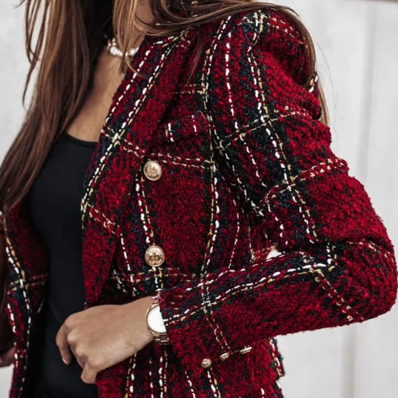 Avery™ - Sacou primăvară cu imprimeu modern în carouri, cu două rânduri de nasturi