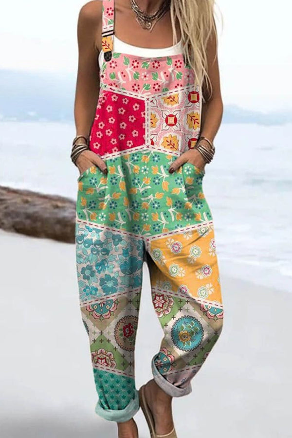 Salopetă damă - Design floral vintage, picioare largi pentru confort și stil