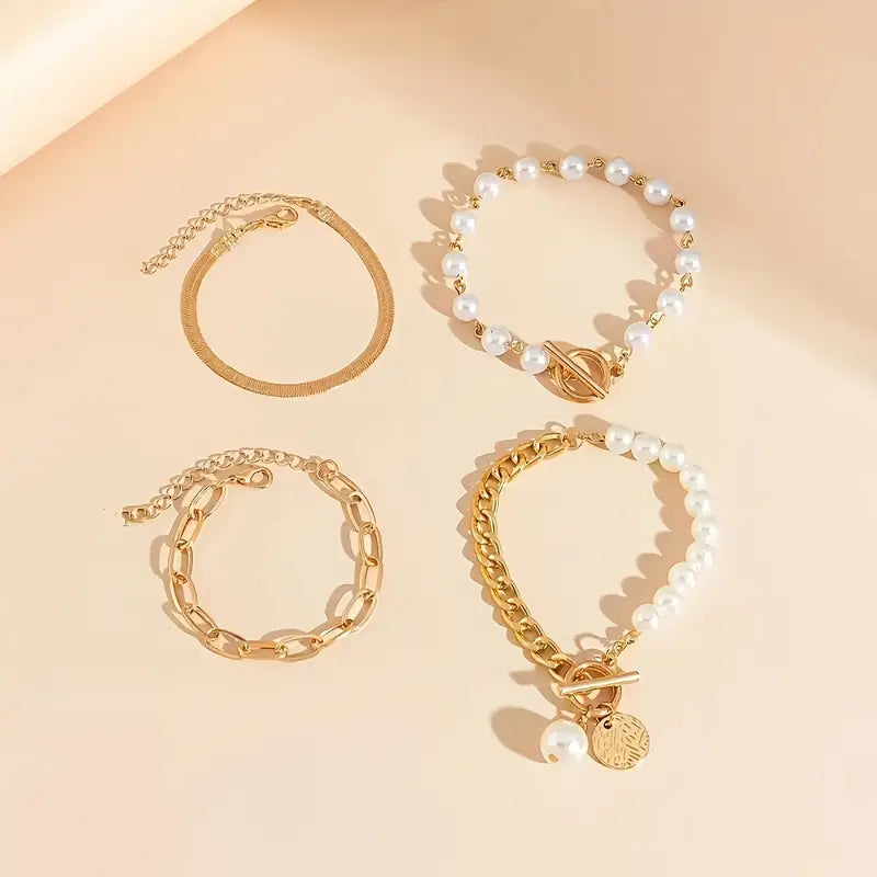 Set de brățări Chic aur 4 piese – Șarpe, perle și zale | Aur
