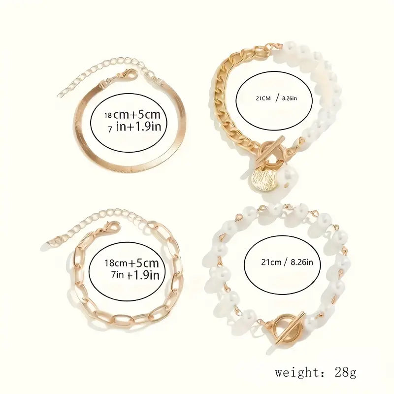 Set de brățări Chic aur 4 piese – Șarpe, perle și zale | Aur