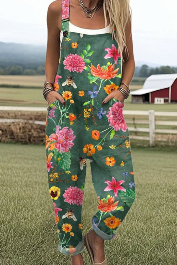 Salopetă damă - design floral vintage, pantaloni largi pentru confort și stil