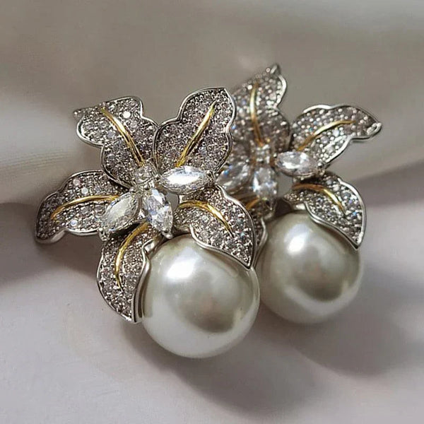 Cercei Exquisiti cu Perle Floare | Aur Alb
