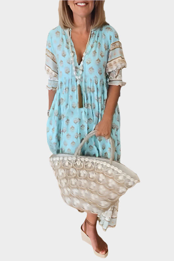 Rochie boho cu croială confortabilă și mâneci bufante