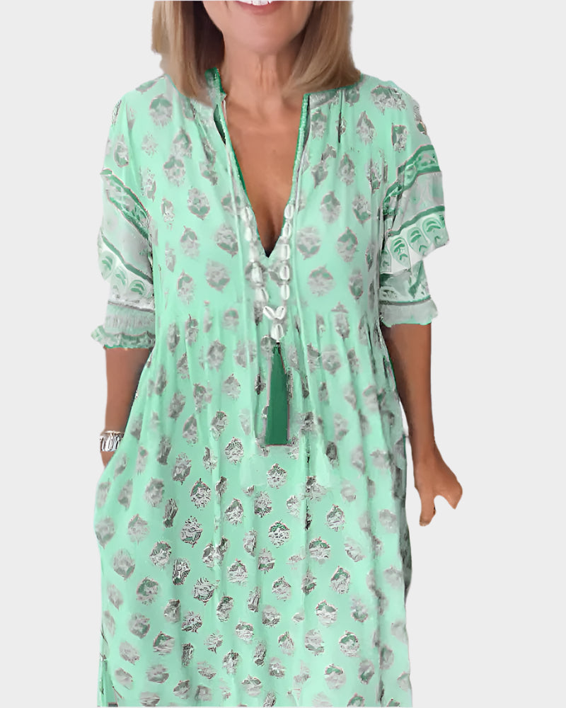 Rochie boho cu croială confortabilă și mâneci bufante