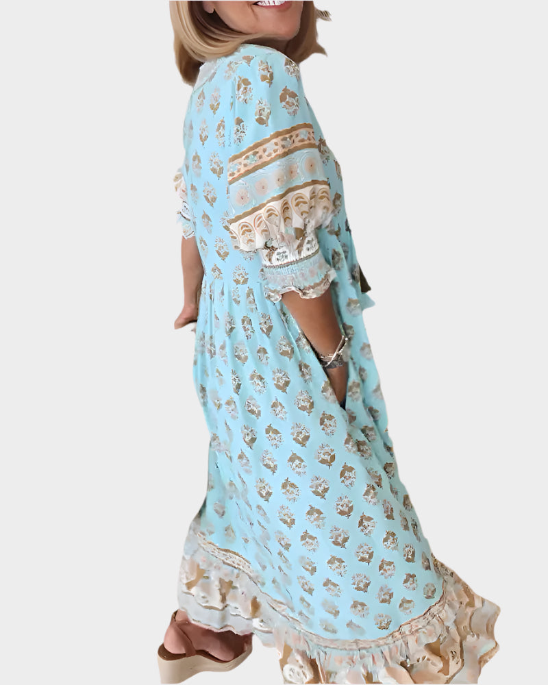 Rochie boho cu croială confortabilă și mâneci bufante