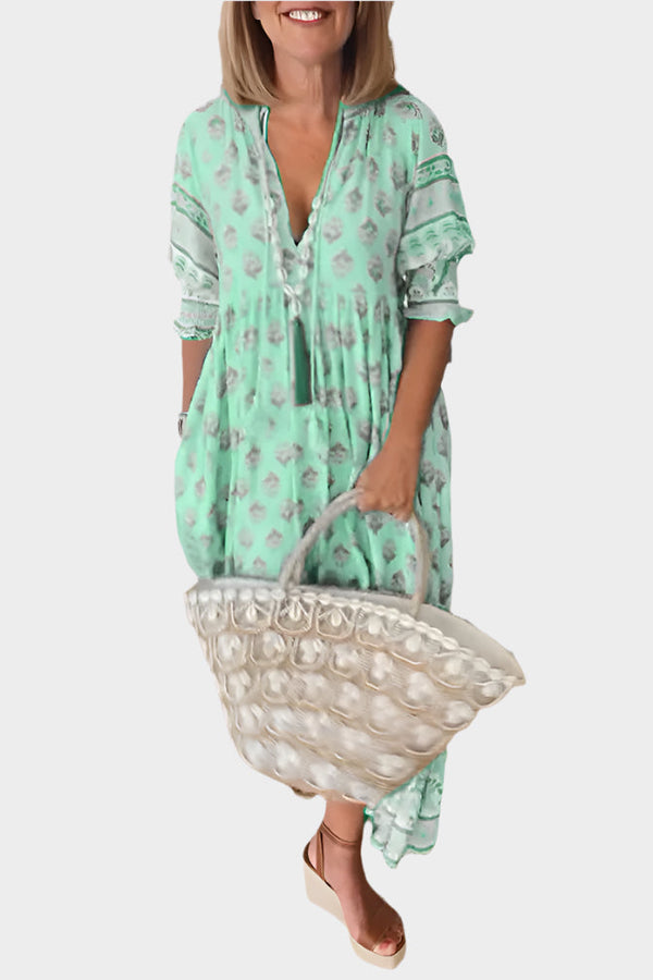 Rochie boho cu croială confortabilă și mâneci bufante