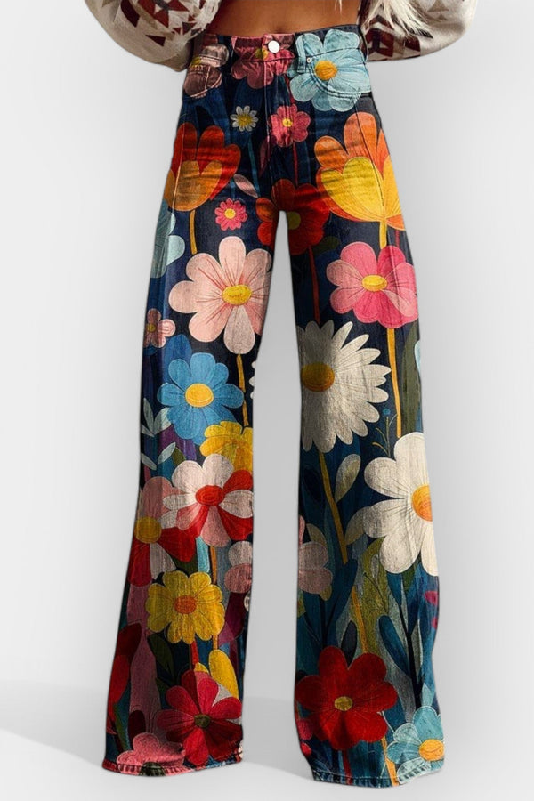 Pantaloni florali cu picioare largi