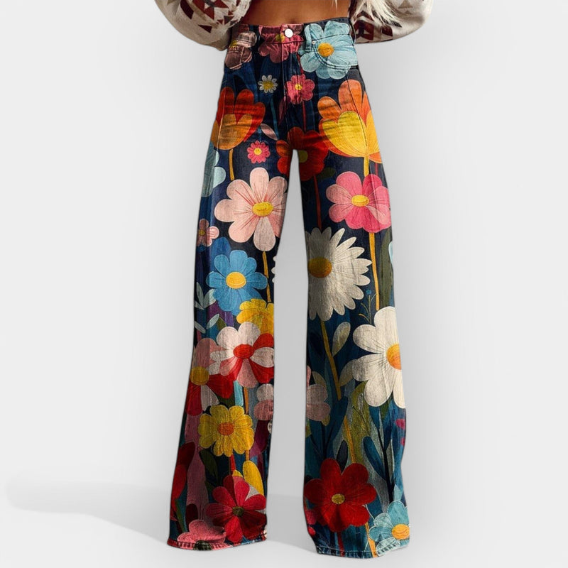 Pantaloni florali cu picioare largi