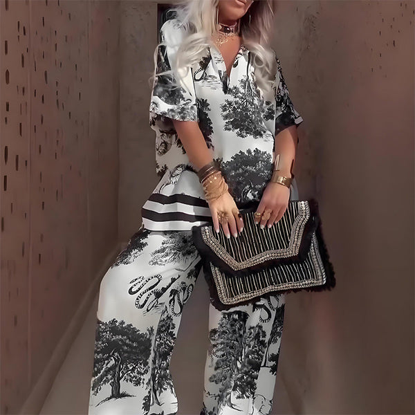 Top imprimat cu decolteu în V + pantaloni lungi